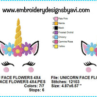 Unicorn Face Head II Flowers Machine Embroidery Design Chart