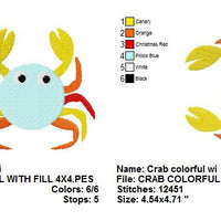 Colorful Crab with fill Machine Embroidery Design - Embroidery Designs By AVI