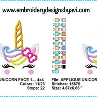 Unicorn Head Face Applique Machine Embroidery Design Chart