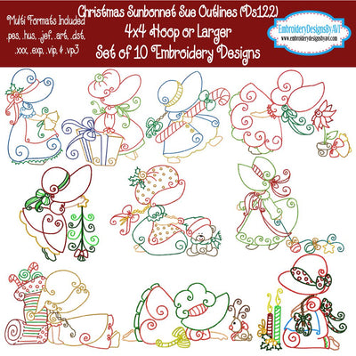Christmas Sunbonnet Sue Outline Machine Embroidery Design Set Download