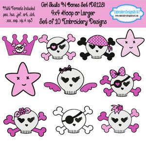 Girl Skull n Bones Embroidery Designs Set