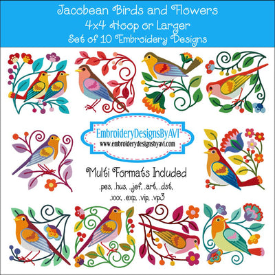 Jacobean Bird and Flower Embroidery Designs Set