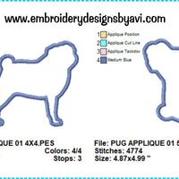 Pug Dog Applique Machine Embroidery Design Chart