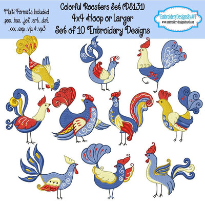 Colorful Roosters Machine Embroidery Designs - Set of 10 Instant Download Sale