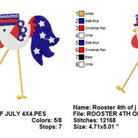 Patriotic Rooster July 4 th Machine Embroidery Design - Embroidery Designs By AVI