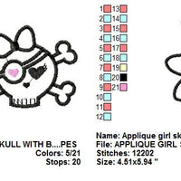 Girl Punk Rock Skull n Bones with Bow Applique Machine Embroidery Design - Embroidery Designs By AVI