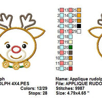 Applique Rudolph Red Nose Reindeer Christmas Machine Embroidery Design - Embroidery Designs By AVI