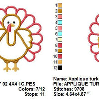 Thanksgiving Fall Turkey Applique II Machine Embroidery Design 1 Color - Embroidery Designs By AVI