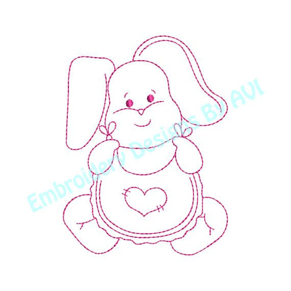 Baby Bunny Rabbit VII Heart Bib Redwork Outline Machine Embroidery Design - Embroidery Designs By AVI