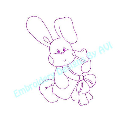 Baby Bunny Rabbit X with Bottle Redwork Outline Machine Embroidery Design - Embroidery Designs By AVI